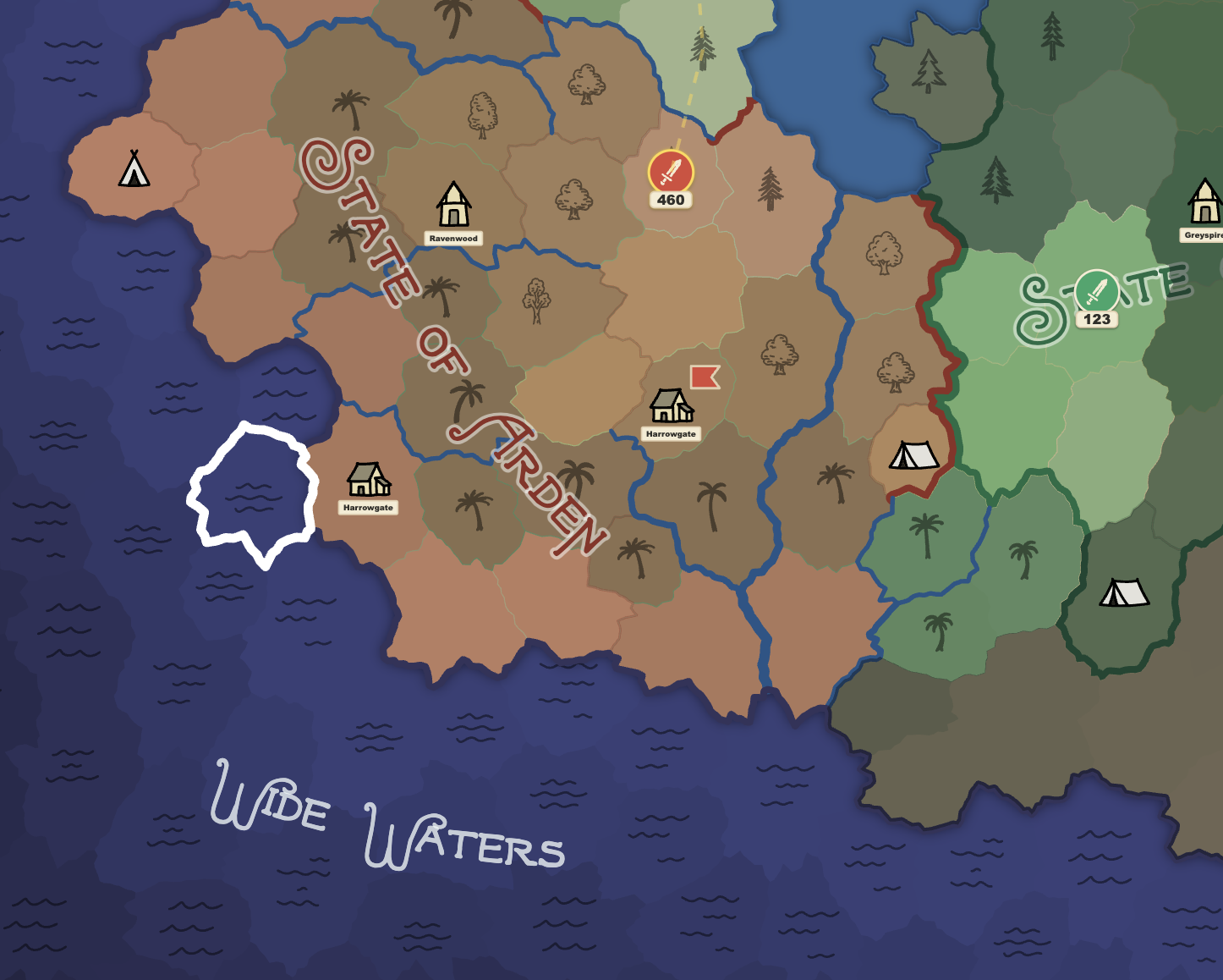 A Crescendo map with territories, settlements, and armies