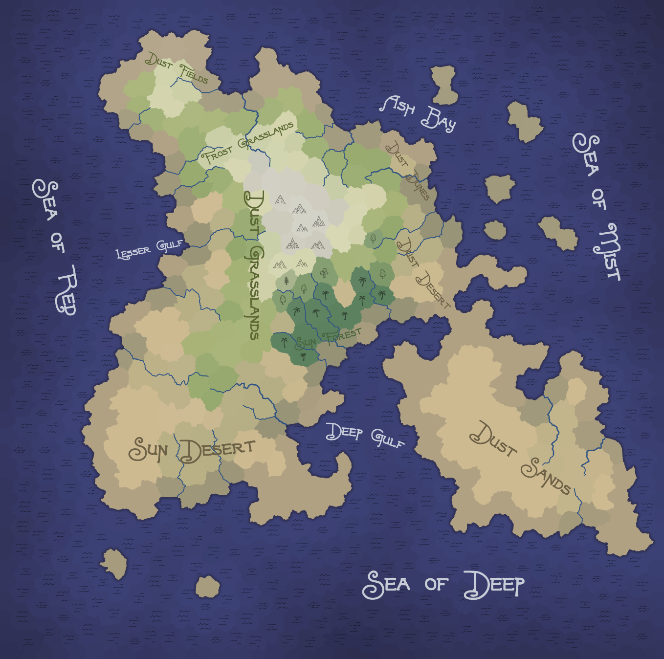 Continents with deserts, forests, and mountains