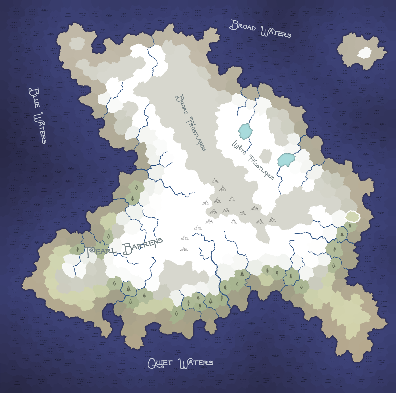 A snowy continent crossed by mountain ranges and rivers