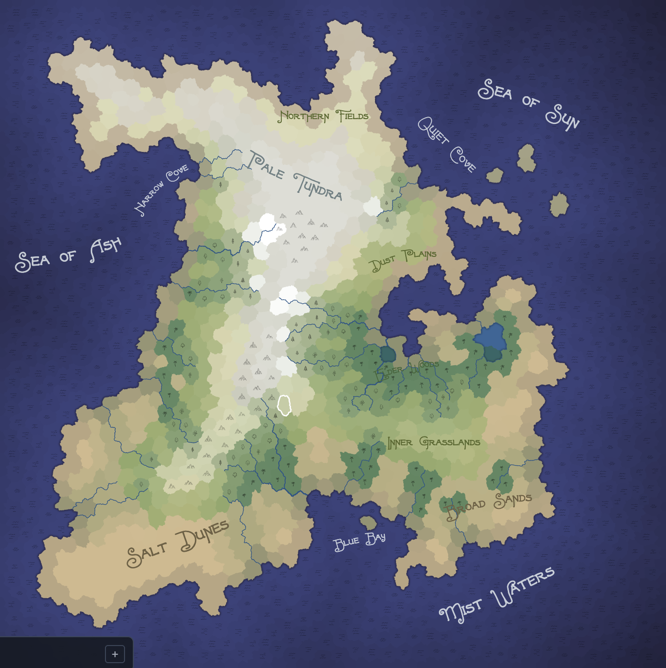 A continent with tundra, forests, and an inland sea