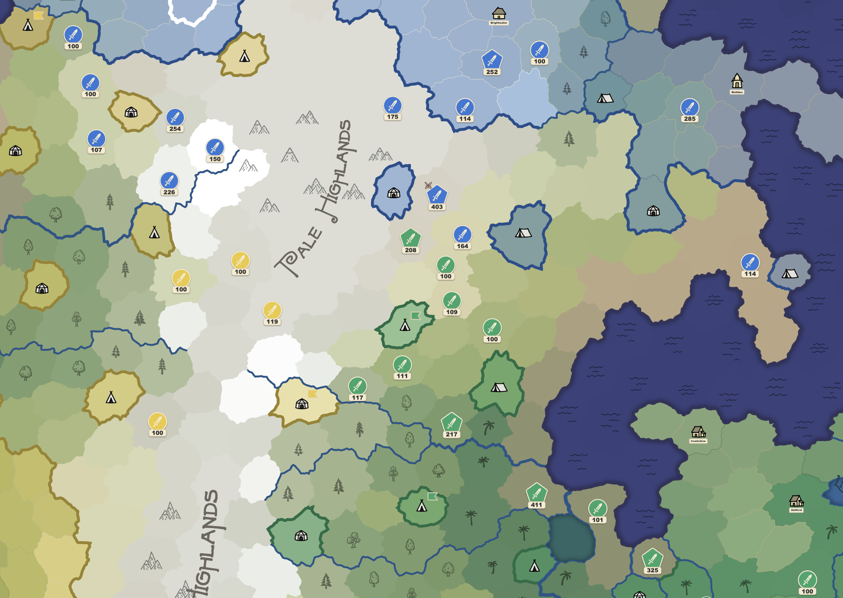 The armies of three realms around a mountain region